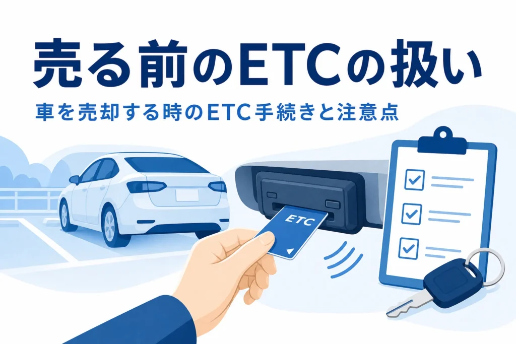 車載器からETCカードを抜く手元と、車を売却する時のETC手続きを紹介する記事タイトル