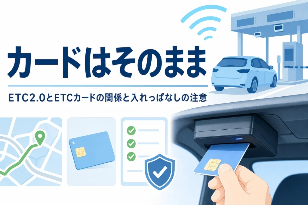 車載器にカードを差し込む手元と、ETC2.0とETCカードの関係を紹介する記事タイトル
