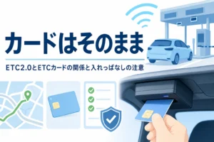 車載器にカードを差し込む手元と、ETC2.0とETCカードの関係を紹介する記事タイトル