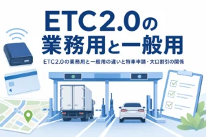 料金所を通るトラックと乗用車のシルエットに、ETC2.0の業務用と一般用の違いを紹介する記事タイトルを添えたアイキャッチ