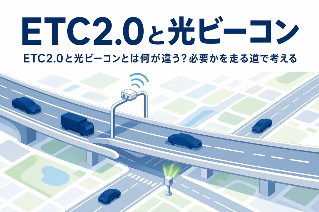 高速道路の電波アンテナと一般道の光ビーコンを描いたイラストに、ETC2.0と光ビーコンの違いを紹介する記事タイトルを添えたアイキャッチ