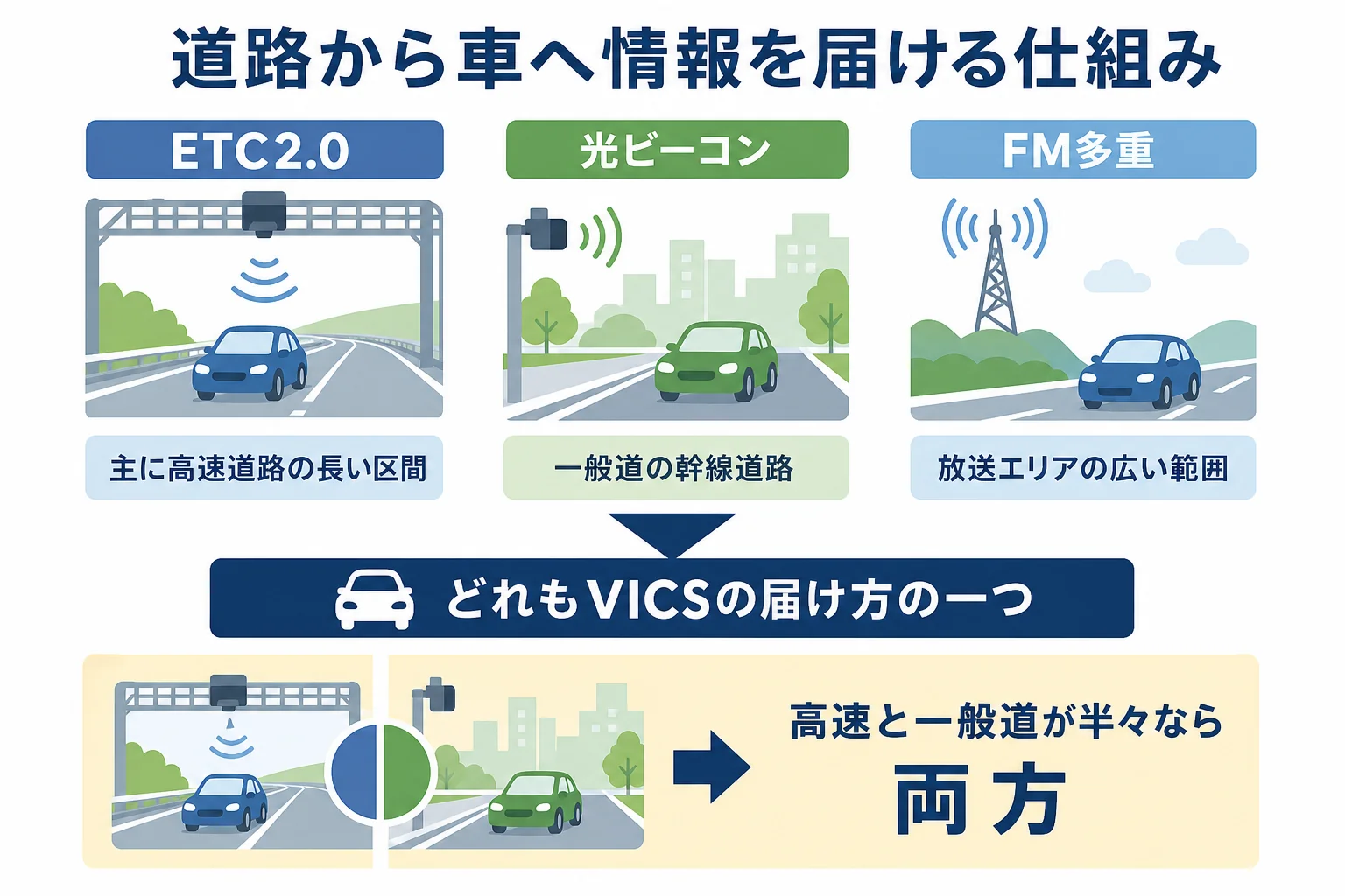 道路から車へ情報を届ける3つの仕組みを走る道ごとに比べた図解