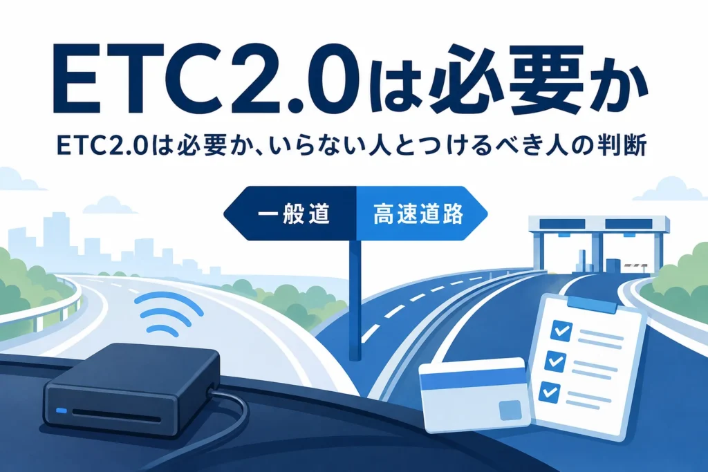 分かれ道の標識と車載器のイラストに「ETC2.0は必要か」の文字を重ねたアイキャッチ