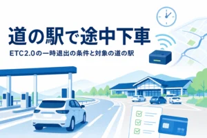 高速道路のICから道の駅へ向かう車と、ETC2.0の一時退出を紹介する記事タイトル