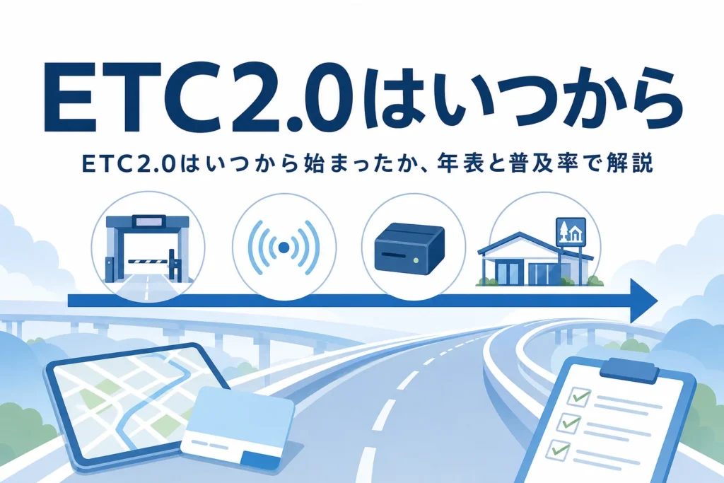 時間軸の上に料金所や車載器のアイコンが並び「ETC2.0はいつから」の文字を重ねたアイキャッチ