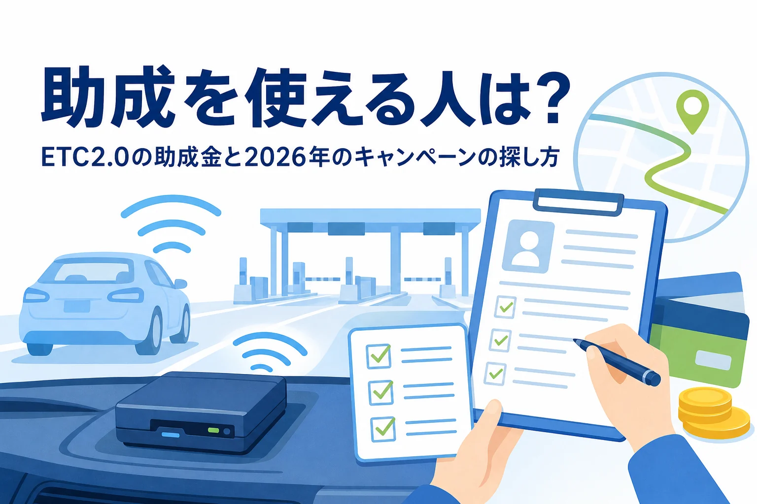 車載器と申込書のイラストに、ETC2.0の助成金と2026年のキャンペーンを紹介する記事タイトル