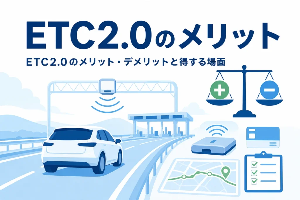 高速道路を走る車とてんびんのアイコンに「ETC2.0のメリット」の文字を重ねたアイキャッチ
