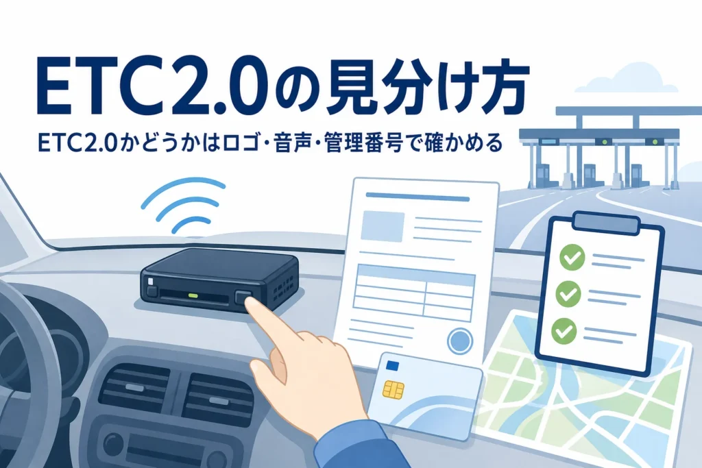 車載器と書類を手元で確かめるイラストに、ETC2.0の見分け方を紹介する記事タイトルを添えたアイキャッチ
