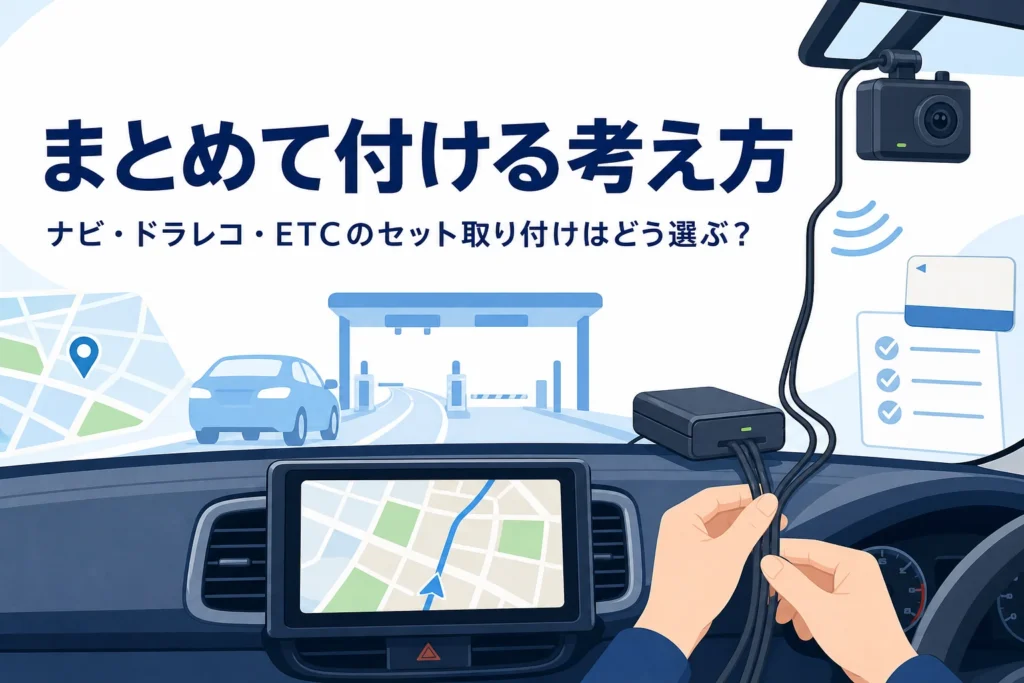 カーナビとドライブレコーダーと車載器が付いたダッシュボードと、セット取り付けの考え方を紹介する記事タイトル