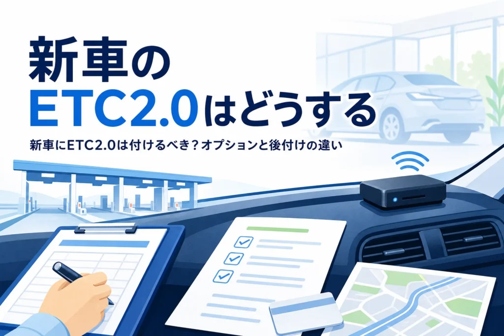新しい車のダッシュボードと見積書が並ぶ様子と、新車にETC2.0を付けるかを考える記事タイトル