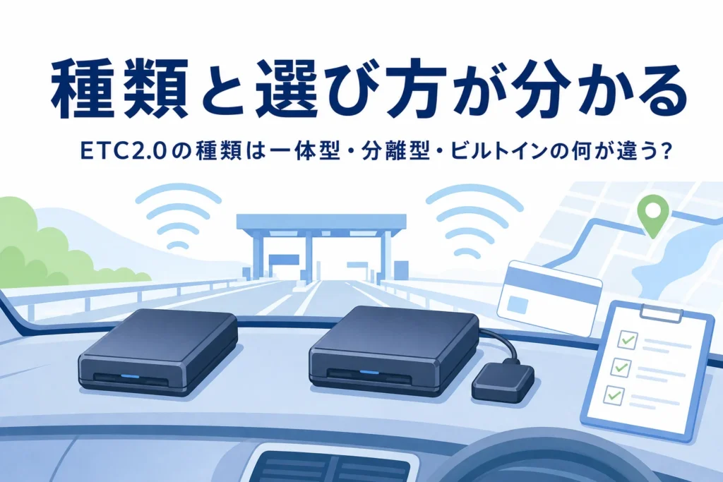 形の違う車載器が並んだダッシュボードと、ETC2.0車載器の種類と選び方を紹介する記事タイトル