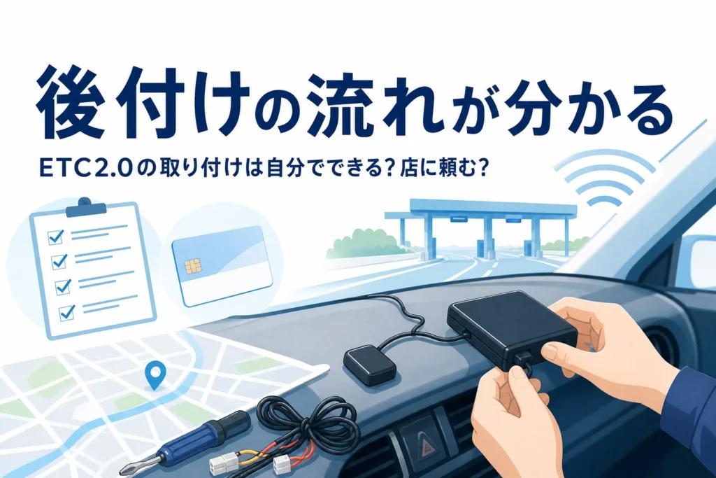 ダッシュボードに車載器を取り付ける手元と、ETC2.0の取り付けの流れを紹介する記事タイトル