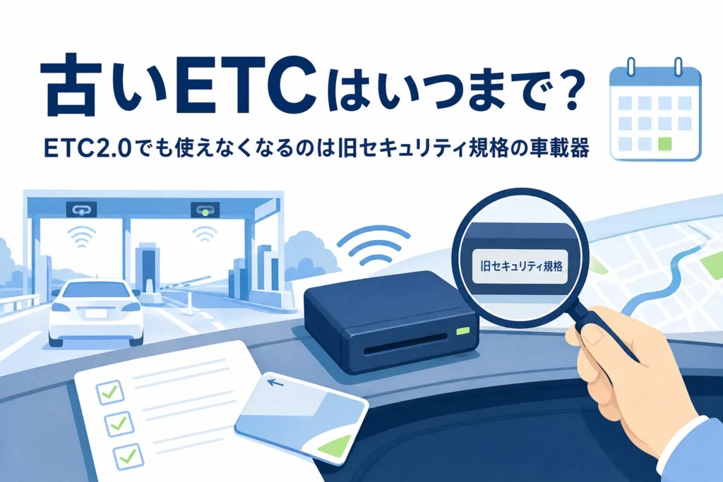 車載器のラベルを虫眼鏡で確かめる手元のイラストに、古いETCが使えなくなる時期を紹介する記事タイトルを添えたアイキャッチ