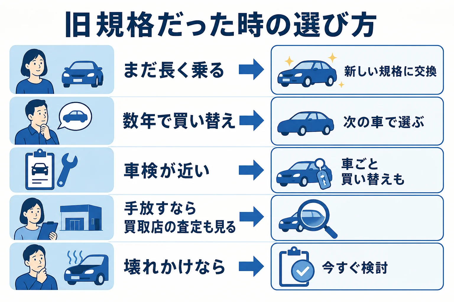 旧規格の車載器だった時に交換するか車ごと買い替えるかを車の年数で選ぶ判断表の図解