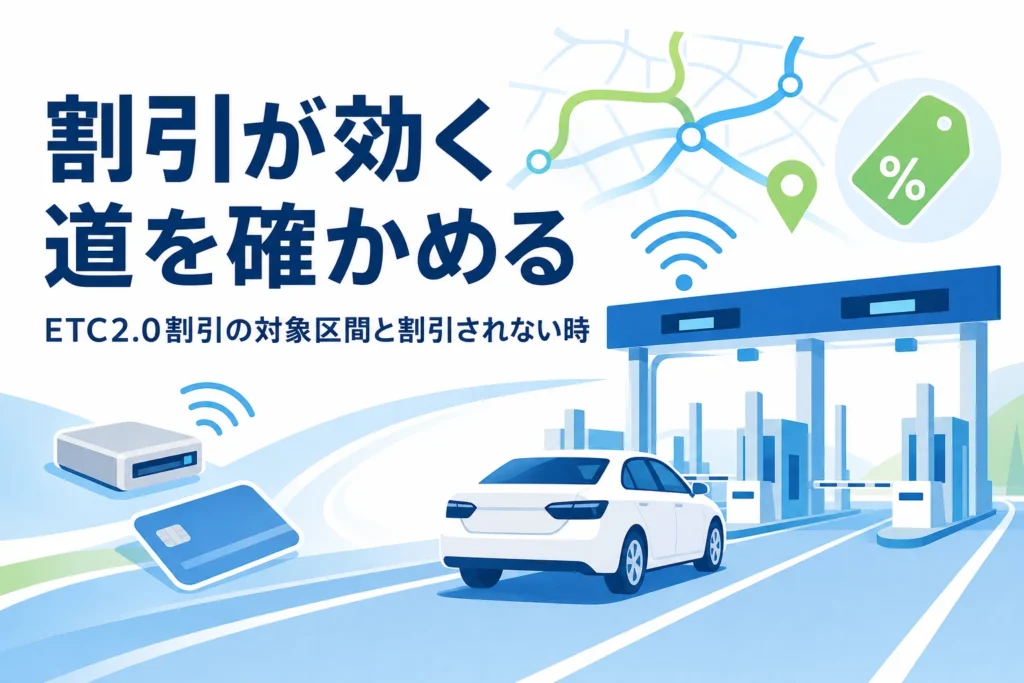 料金所を通る車と道路の地図に、ETC2.0割引の対象区間を紹介する記事タイトル