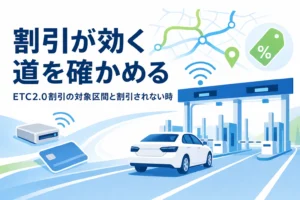 料金所を通る車と道路の地図に、ETC2.0割引の対象区間を紹介する記事タイトル